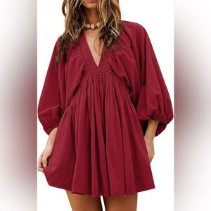 Acelitt Womens Long Sleeve V Neck Boho Babydoll Mini Dress